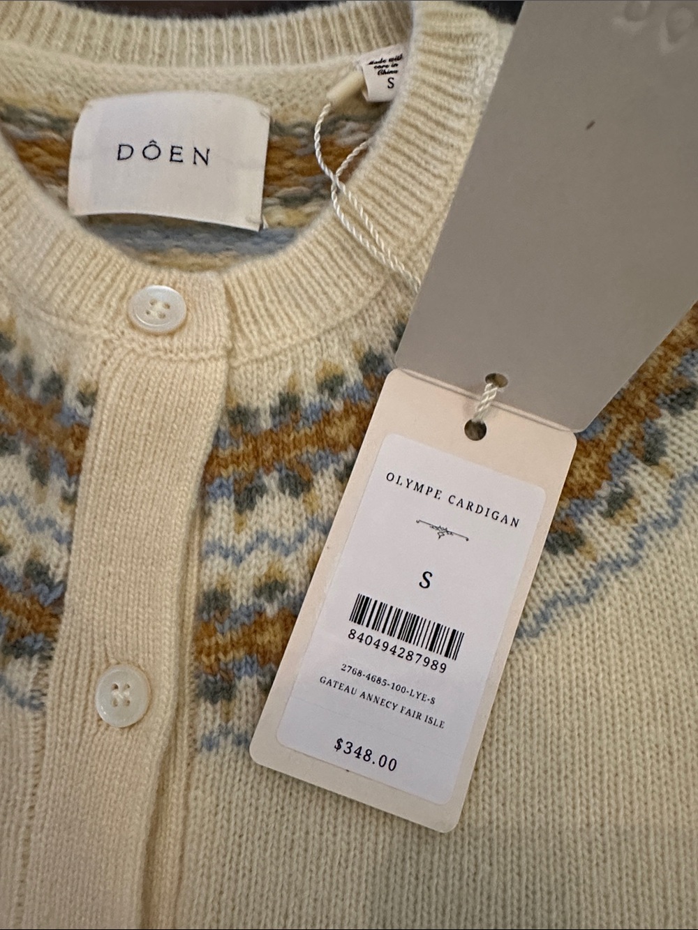 NWT DĂEN Olympe Cardigan S Gateau Annecy Fair Isle Wool Cashmere Ivory - Picture 9 of 13